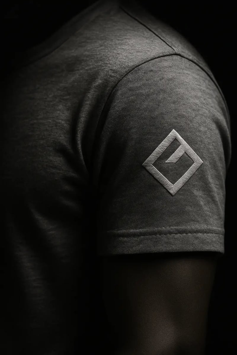 Editorial-Detail eines dunklen Tees mit gesticktem Patch in tonalem Grau