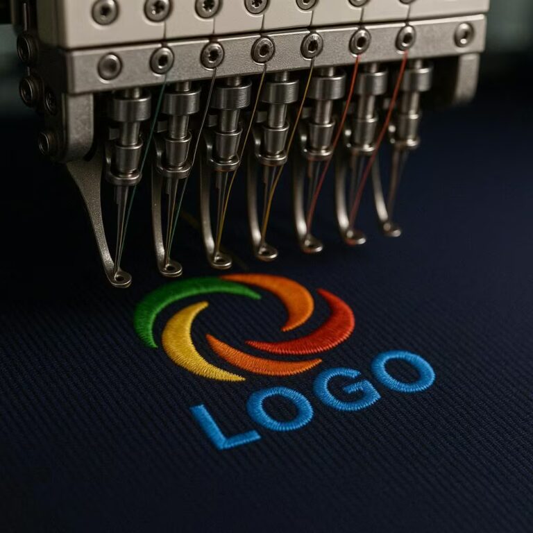 Mehrkopf-Stickmaschine bei der Arbeit — buntes Logo wird auf Navy-Stoff gestickt