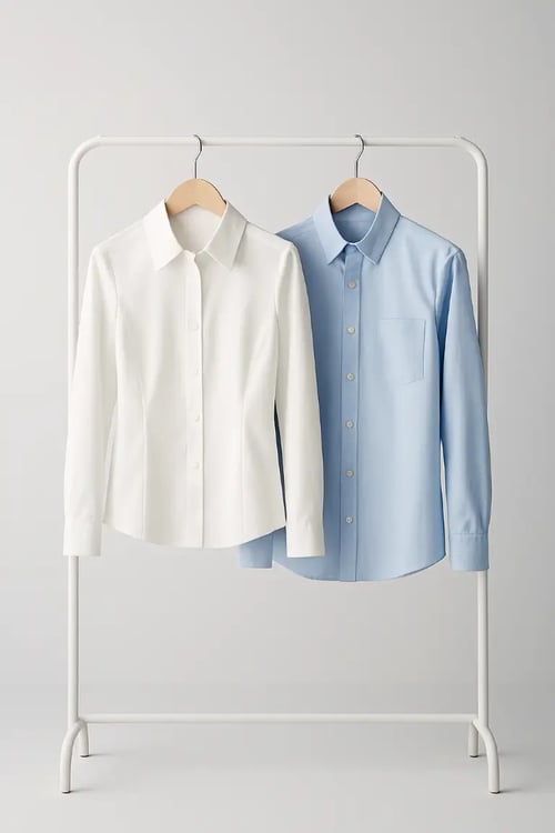 Damen-Bluse und Herren-Hemd auf weißem Rack