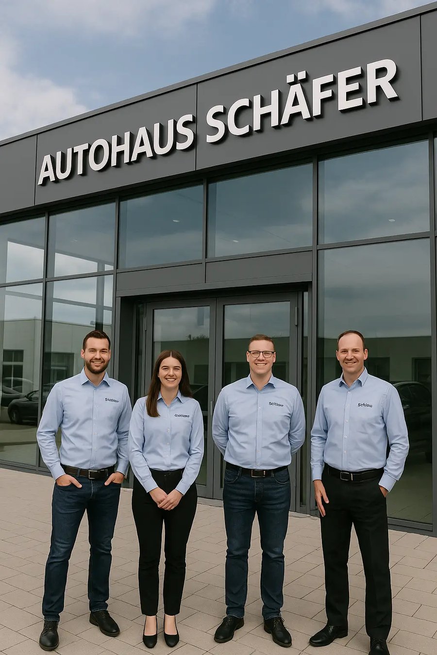 Drei Mitarbeiter eines Autohauses in einheitlichen blauen Hemden