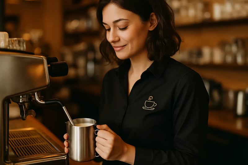 Barista im schwarzen Hemd, gestickter Tasse-Schriftzug auf der Brust