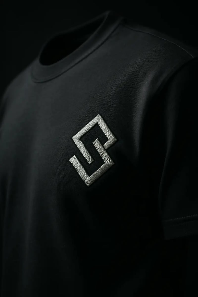 Schwarzes Premium-Tee mit geometrischer Tonal-Stickerei in dunkler Bildwelt