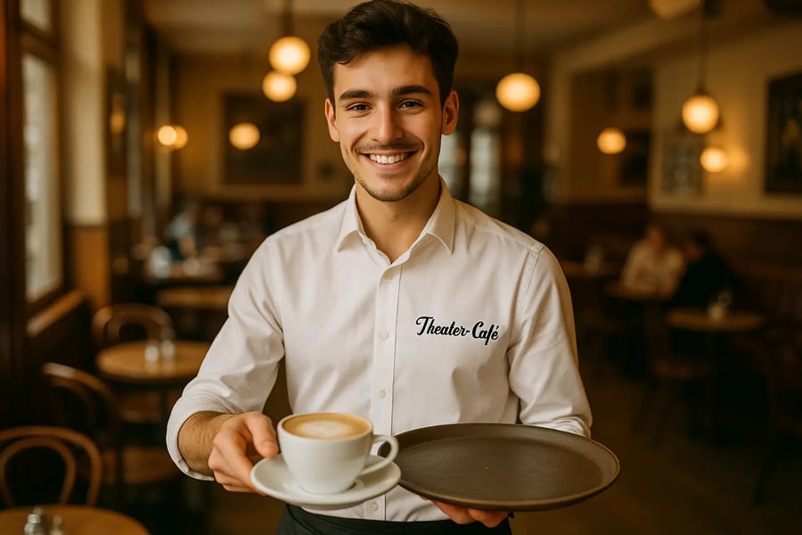 Kellner im weißen Theater-Café-Hemd, dezent gestickter Schriftzug auf der Brust