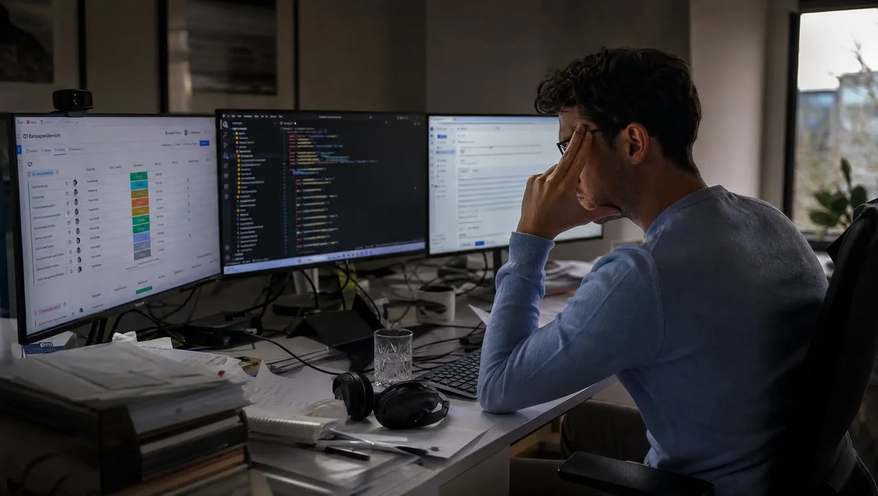 IT-Mitarbeiter vor mehreren Bildschirmen mit Programmcode, den Kopf in die Hand gestützt