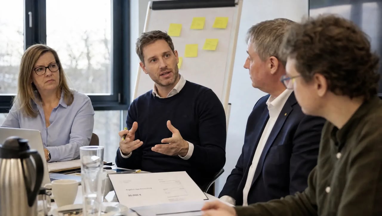 Besprechung mit Berater am Tisch, vor ihm liegt ein Angebot, im Hintergrund ein Flipchart mit Notizen