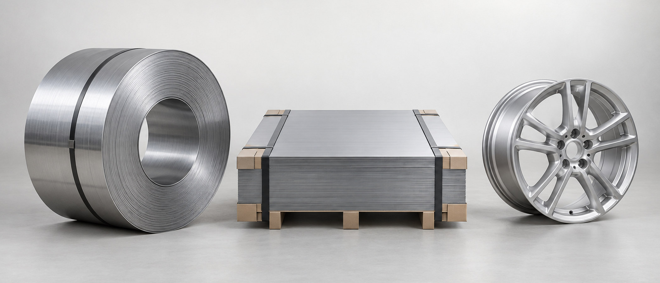 Studioaufnahme: Stahl-Coil, Stapel Stahlbleche und Alufelge nebeneinander