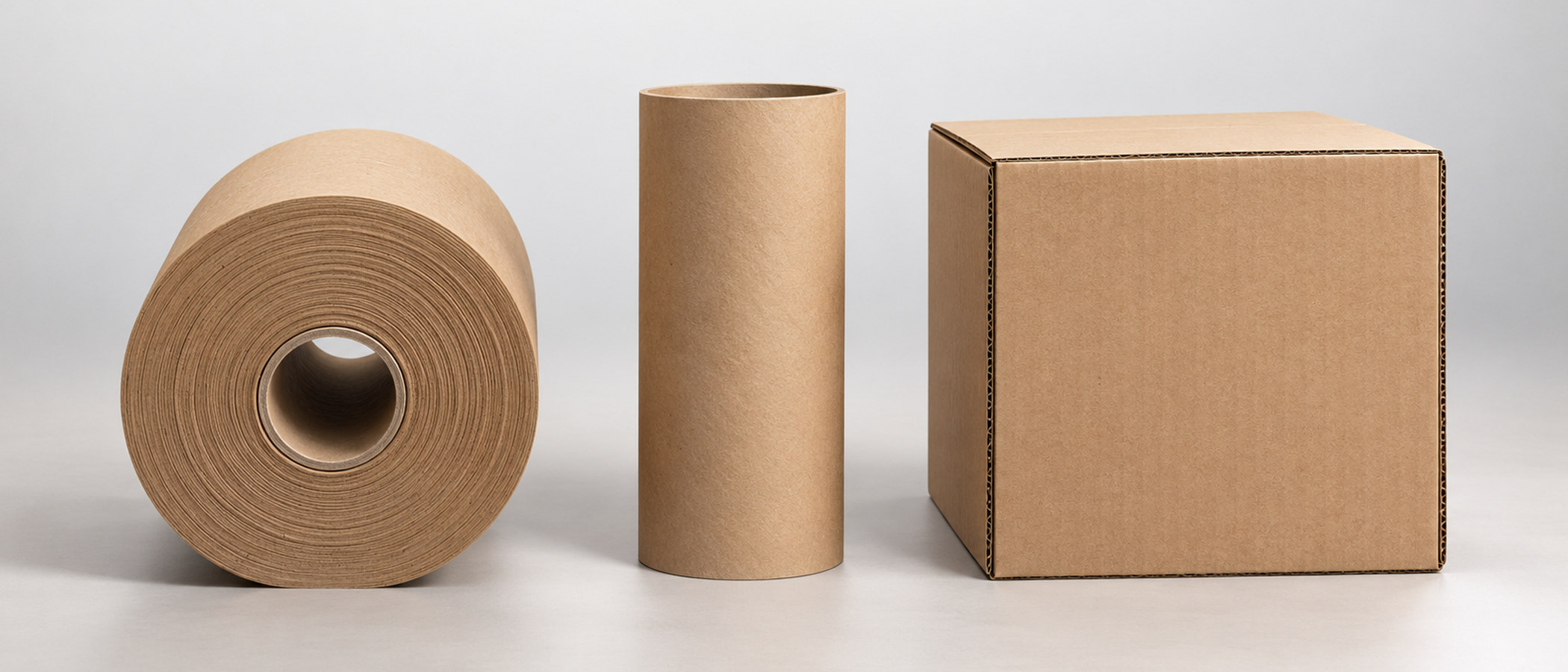 Studioaufnahme: Papierrolle, Papphülse und Wellpappkarton nebeneinander