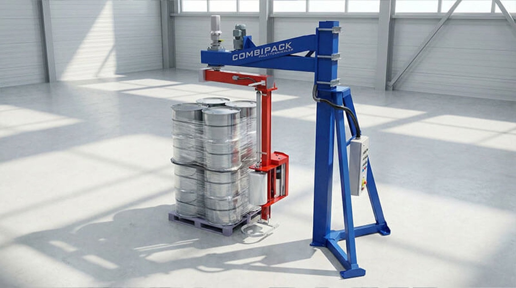 Halbautomatischer COMBIPACK Palettenwickler umwickelt eine Fasspalette