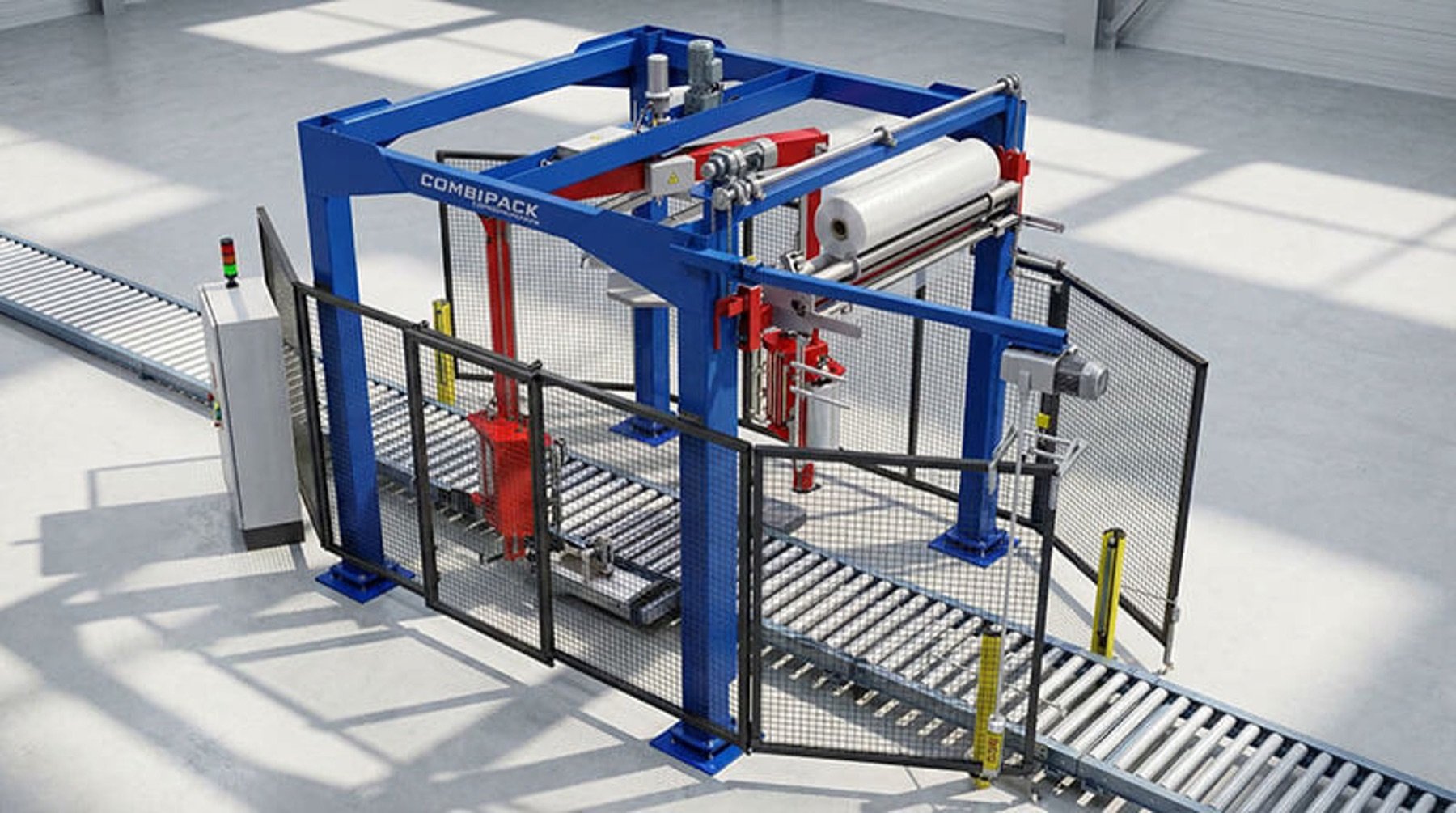 Vollautomatische COMBIPACK Wickelanlage mit Förderstrecke und Schutzgitter