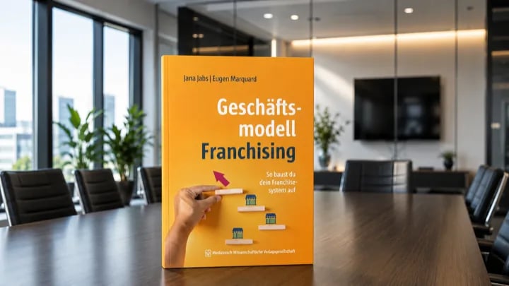 Das Buch „Geschäftsmodell Franchising“ von Jana Jabs und Eugen Marquard auf einem Besprechungstisch.