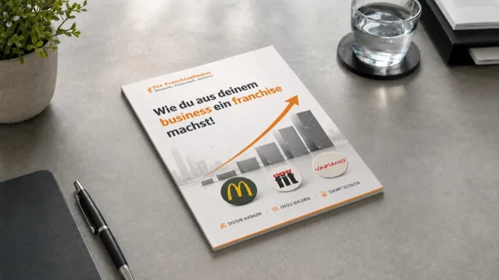 Der Franchise-Chancen-Report als gedrucktes Heft auf einem Schreibtisch.
