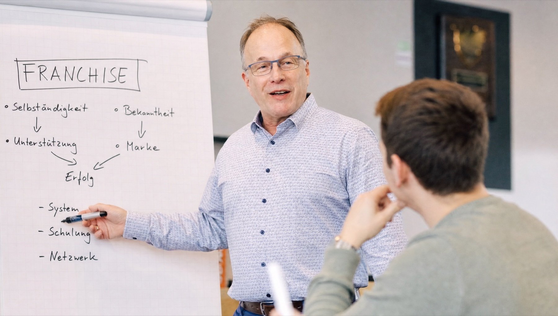 Eugen Marquard erklärt am Flipchart, was Franchise ausmacht: System, Schulung, Netzwerk