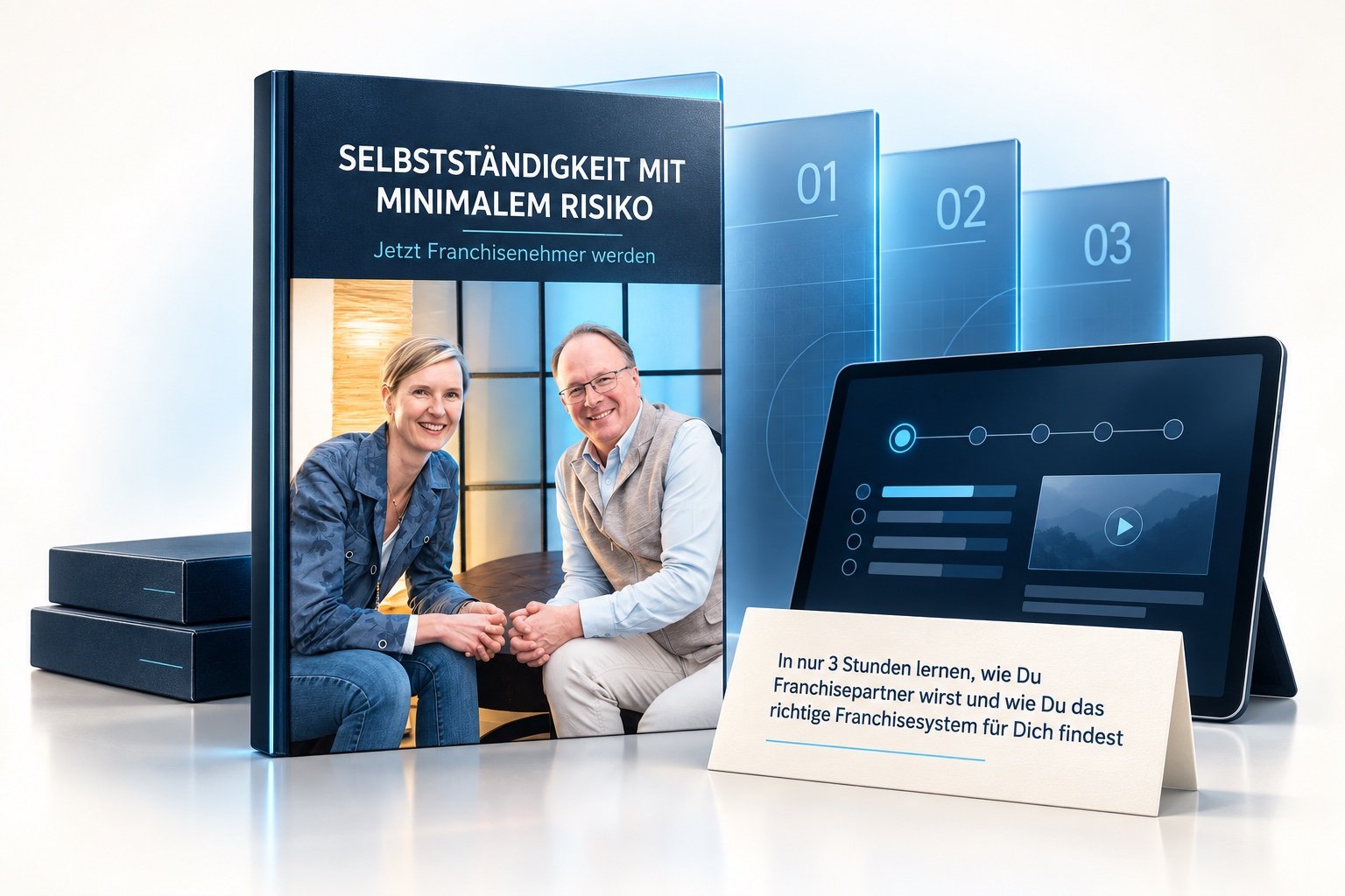Online-Kurs „Selbständigkeit mit minimalem Risiko“: Kursbuch mit Eugen Marquard, drei Modulen und Kursansicht auf dem Tablet