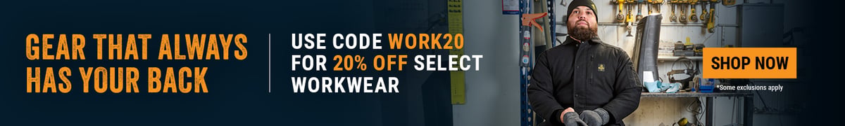 ROPA QUE SIEMPRE TE APOYA. Utiliza el código WORK20 para obtener un 20 % de descuento en una selección de ropa de trabajo. 