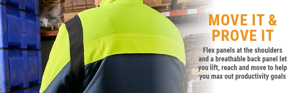 MOVE IT & PROVE IT. Flex panels at the shoulders and a breathable back panel let you lift, reach and move to help you max out you productivity goals.