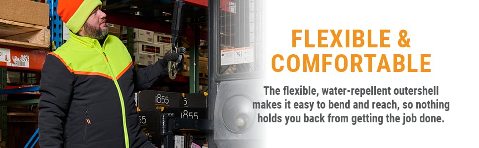 FLEXIBLE & COMFORTABLE. The flexible, water-repellent outershell makes it easy to bend and reach, so nothing holds you back from getting the job done.