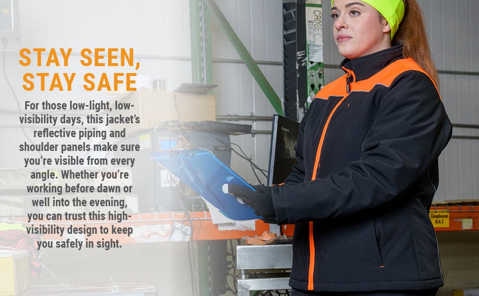 STAY SEEN, STAY SAFE For those low-light, low-visibility days, this jacket’s reflective piping and shoulder panels make sure you’re visible from every angle. Whether you're working before dawn or well into the evening, you can trust this high-visibility design to keep you safely in sight