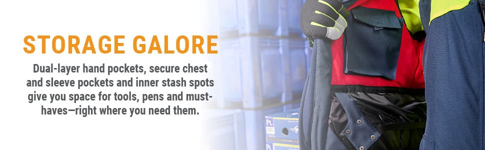 STORAGE GALORE. Dual-layer hand pockets, secure chest and sleeve pockets and inner stash spots give you space for tools, pens and must-haves-right where you need them..