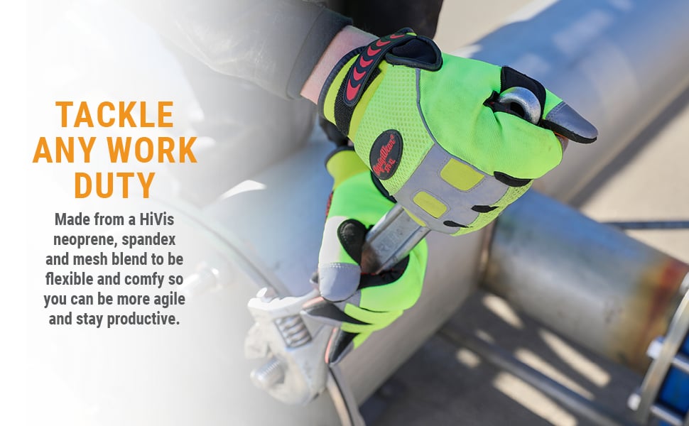 Tackle any work duty. Made from a hivis neoprene, spandex and mesh blend to be flexible and comfy so you can be more agile and stay productive.