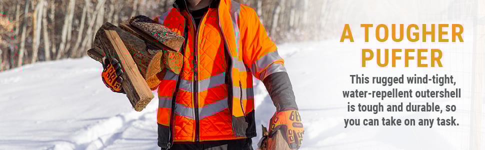 A TOUGHER PUFFER This rugged wind-tight, water-repellent outershell is tough and durable, so you can take on any task.