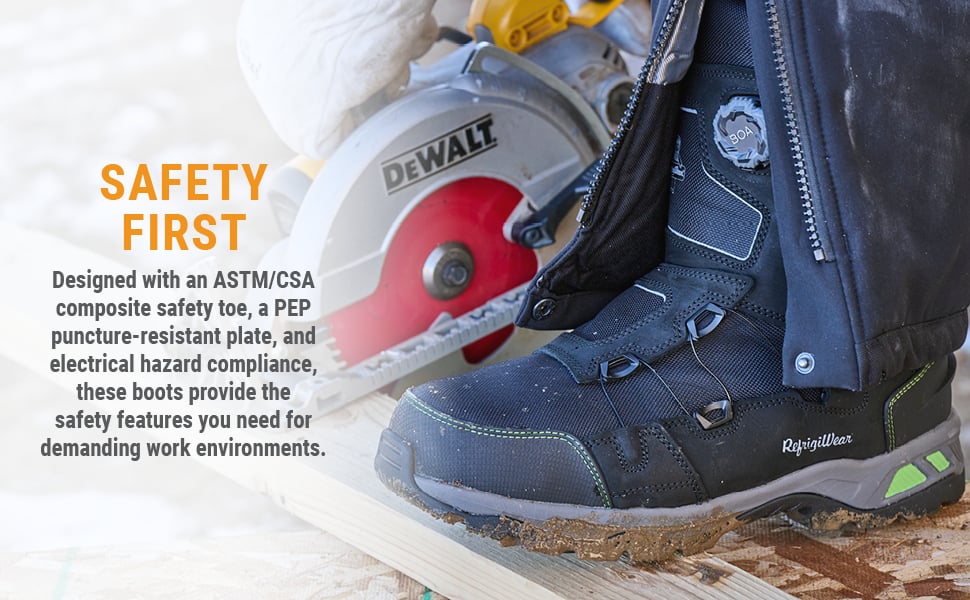 SAFETY FIRST Designed with an ASTM/CSA composite safety toe, a PEP puncture-resistant plate, and electrical hazard compliance, these boots provide the safety features you need for demanding work environments. 