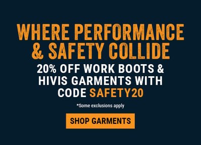 WHERE PERFORMANCE & SAFETY COLLIDE. 20% off Work Boots & HiVis Garments with code SAFETY20