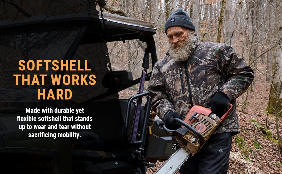 SOFTSHELL THAT WORKS HARD. Made with durable yet flexible softshell that stands up to wear and tear without sacrificing mobility.