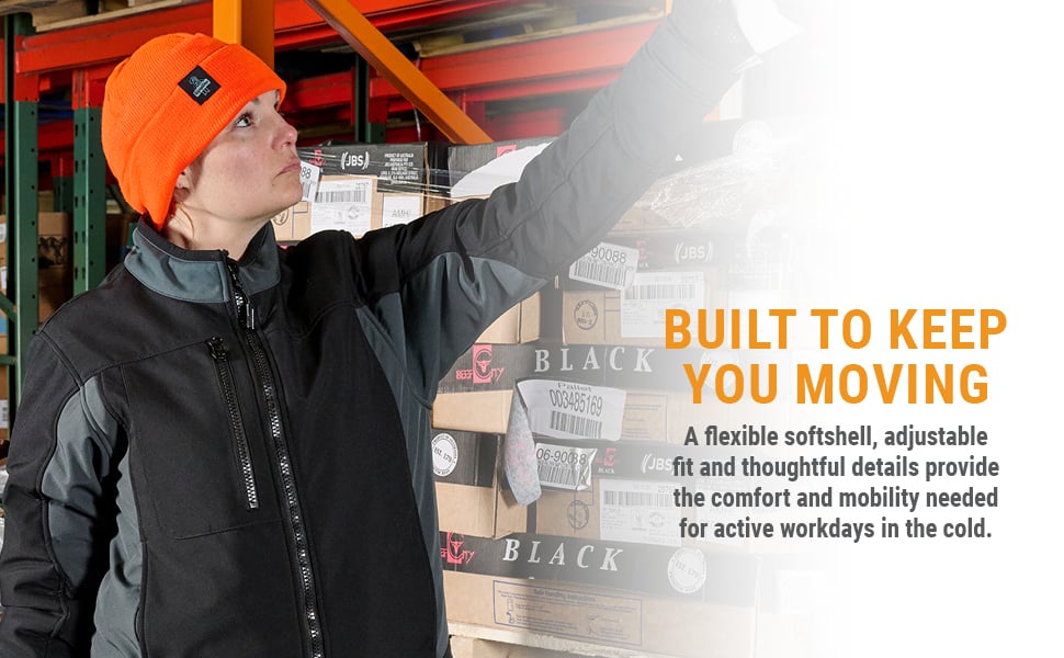 A flexible softshell, adjustable fit and thoughtful details provide the comfort and mobility needed for active workdays in the cold.