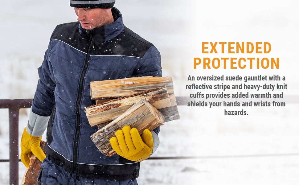 EXTENDED PROTECTION An oversized suede gauntlet with a reflective stripe and heavy-duty knit cuffs provides added warmth and shields your hands and wrists from hazards.