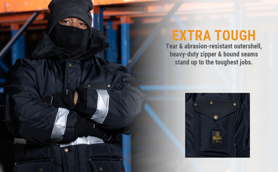 EXTRA TOUGH. Tear & abrasion-resistant outershell, heavy-duty zipper & bound seams stand up to the toughest jobs. 