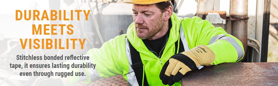 DURABILITY MEETS VISIBILITY. Stitchless bonded reflective tape, it ensures lasting durability even through rugged use.