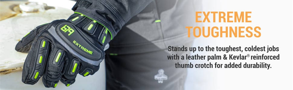 Extreme Toughness. Stnads up to the toughest, coldest jobs with a leather palm and Kevlar reinforced thumb crotch for added durability.