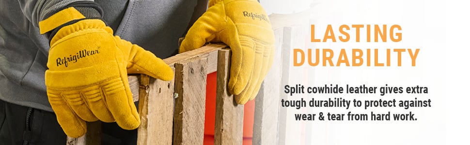 LASTING DURABILITY. Split cowhide leather gives extra tough durability to protect against wear & tear from hard work.