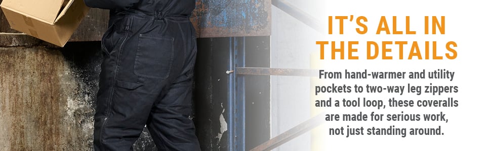 IT'S ALL IN THE DETAILS. From hand-warmer and utility pockets to two-way leg zippers and a tool loop, these coveralls are made for serious work, not just standing around.