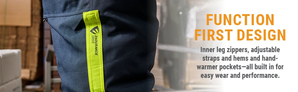 FUNCTION FIRST DESIGN. Inner leg zippers, adjustable straps and hems and hand-warmer pockets- all built in for easy wear and performance