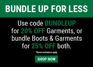 COMPRA EN PAQUETE Y AHORRA. Utiliza el código BUNDLEUP para obtener un 20 % de descuento en prendas, o compra en paquete botas y prendas para obtener un 25 % de descuento en ambos. Comprar ahora