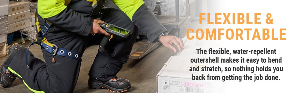 FLEXIBLE & COMFORTABLE. The flexible, water-repellent outershell makes it easy to bend and stretch, so nothing holds you back from getting the job done.
