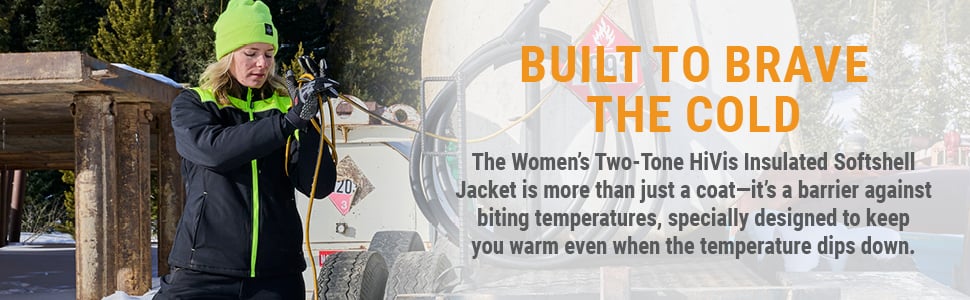 BUILT TO BRAVE THE COLD The Women's Two-Tone HiVis Insulated Softshell Jacket is more than just a coat—it’s a barrier against biting temperatures, specially designed to keep you warm even when the temperature dips down.