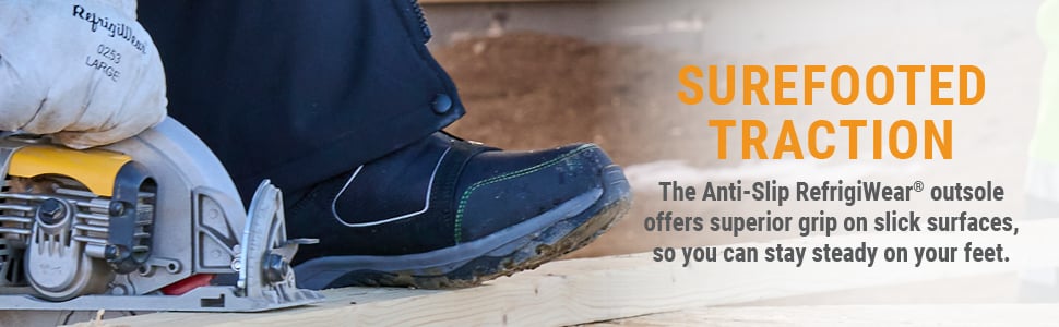 SUREFOOTED TRACTION The Anti-Slip RefrigiWear® outsole offers superior grip on slick surfaces, so you can stay steady on your feet. 