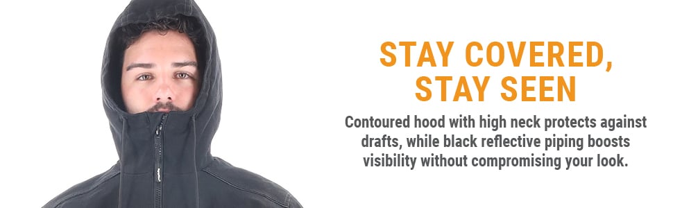 STAY COVERED STAY SEEN. Contoured hood with high neck protects against drafts, while black reflective pipping boosts visibility without compromising your look.
