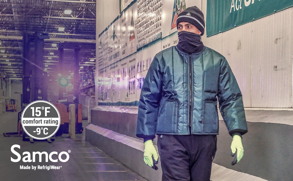 Man walking in a cold storage room wearing the econo-tuff jacket