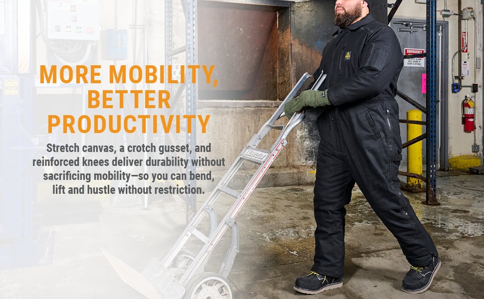 MORE MOBILITY, BETTER PRODUCTIVITY. Stretch canvas, a crotch gusset, and reinforced knees deliver durability without sacrificing mobility- so you can bend, lift and hustle without restriction. 