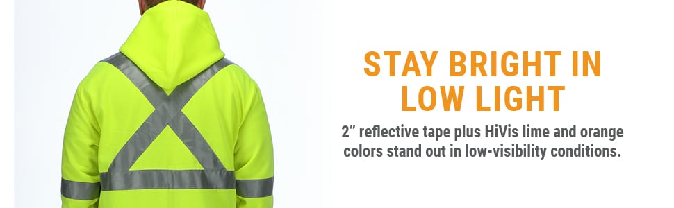 STAY BRIGHT IN LOW LIGHT. 2” reflective tape plus HiVis lime and orange colors stand out in low-visibility conditions. 