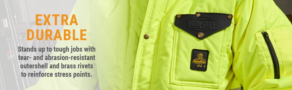 Extra Durable. Stands up to tough jobs with tear-and abrasion-resistant outershell and brass riviets to reinforce stress points.