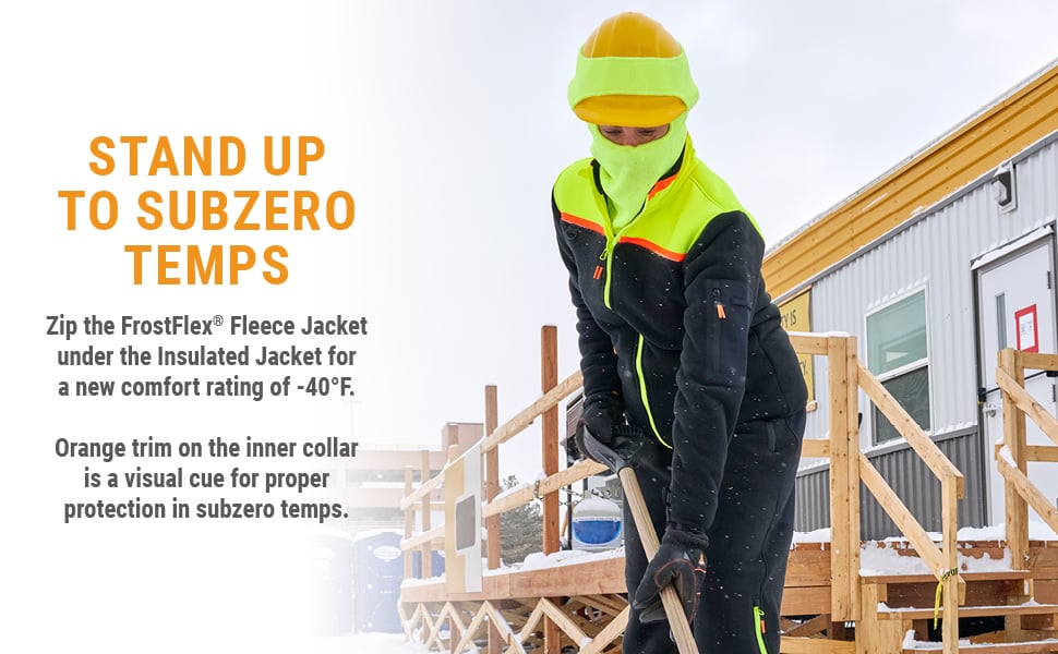 STAND UP TO SUBZERO TEMPS. Zip the FrostFlex<sup>&reg;</sup> Fleece Jacket under the Insulated Jacket for a new comfort rating of -40&deg;F. Orange trim on the inner collar is a visual cue for proper protection in subzero temps.