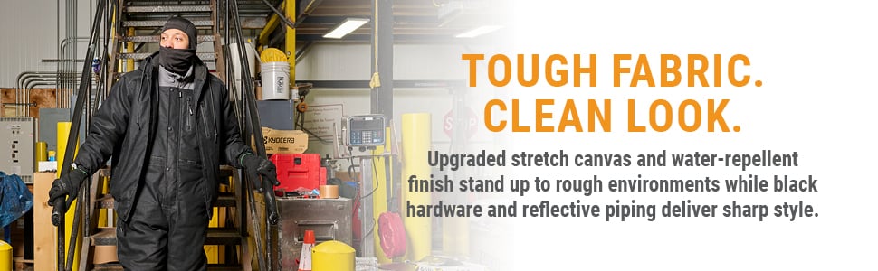 TOUGH FABRIC. CLEAN LOOK. Upgraded stretch canvas and water-repellent finish stand up to rough environments while black hardware and reflective piping deliver sharp style.