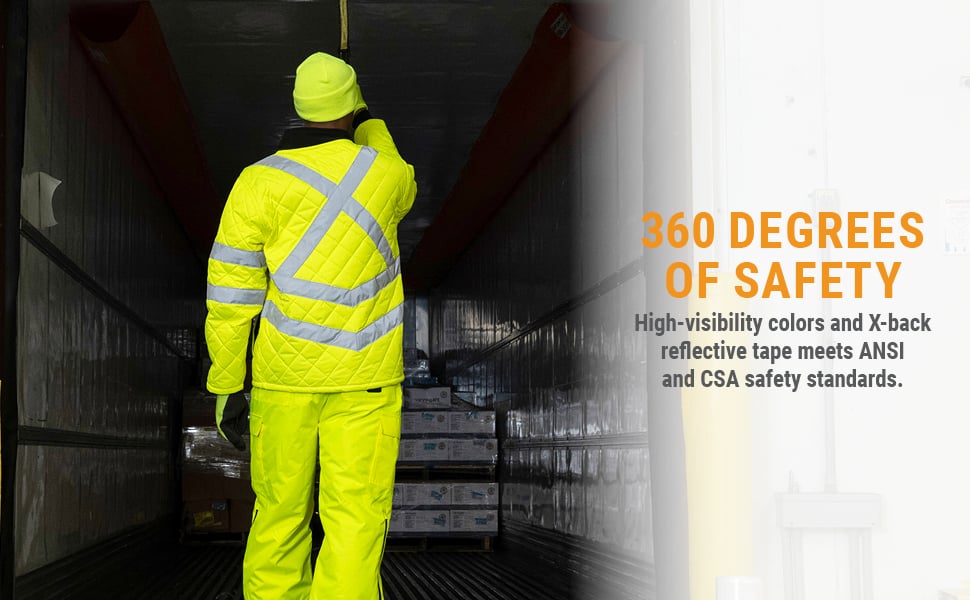 360 DEGREES OF SAFETY High-visibility colors and X-back reflective tape meets ANSI and CSA safety standards.