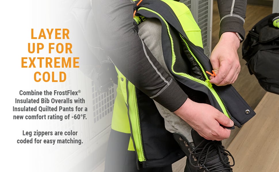 LAYER UP FOR EXTREME COLD. Combine the FrostFlex<sup>&reg;</sup> Insulated Bib Overalls with Insulated Quilted Pants for a new comfort rating of -60&deg;F.Leg zippers are color coded for easy matching.