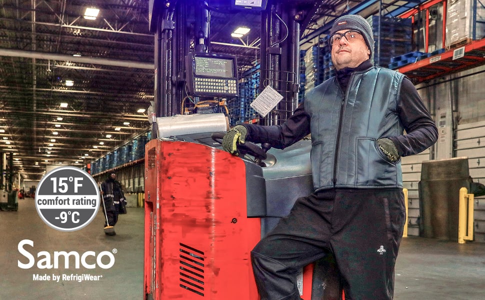 Man wearing the Econo-Tuff vest in a cold storage facility