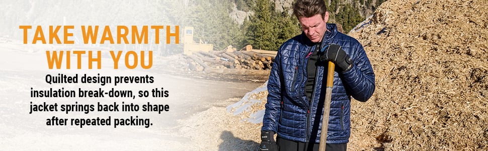 TAKE WARMTH WITH YOU Quilted design prevents insulation break-down, so this jacket springs back into shape after repeated packing. 